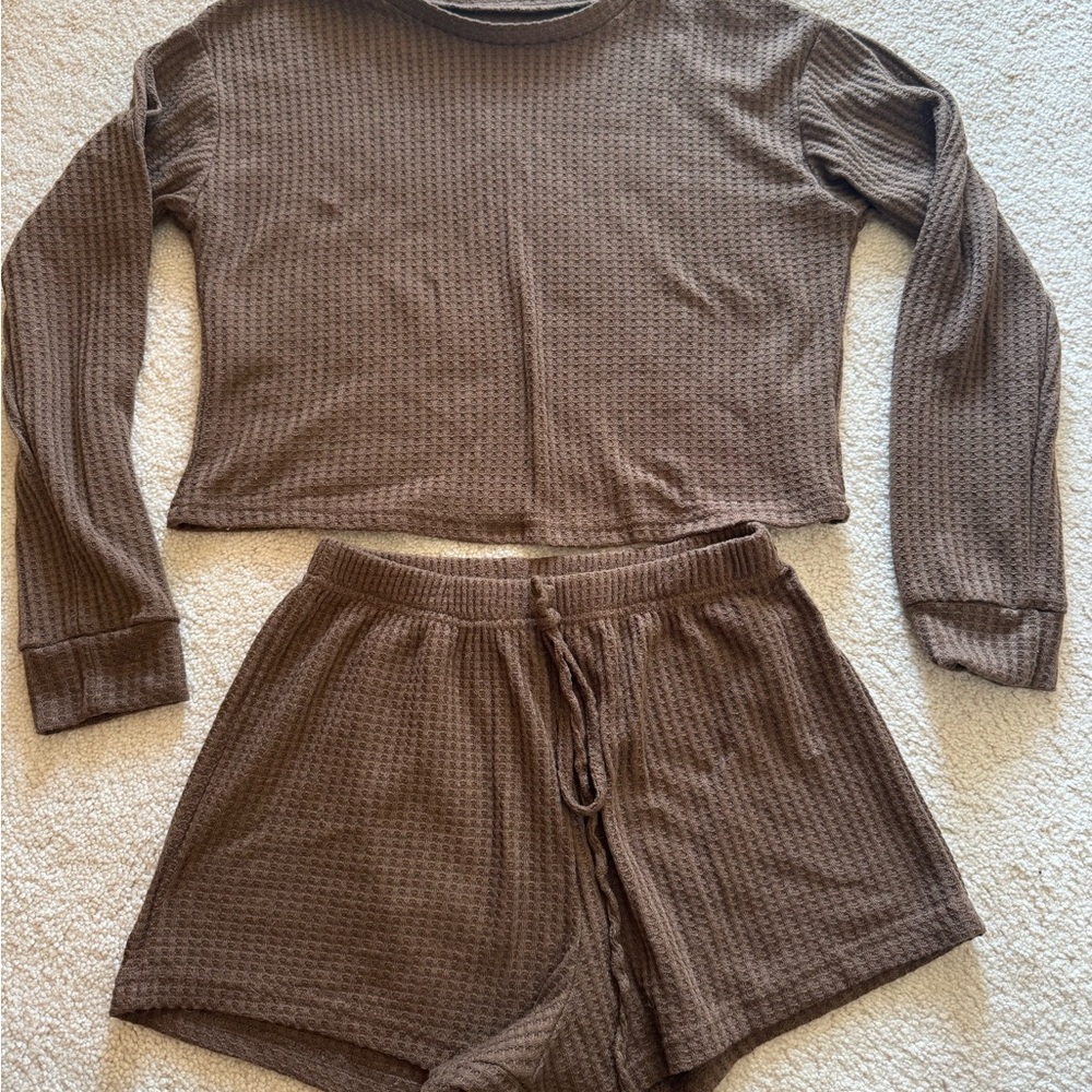 Brown Waffle Knit Lounge Set